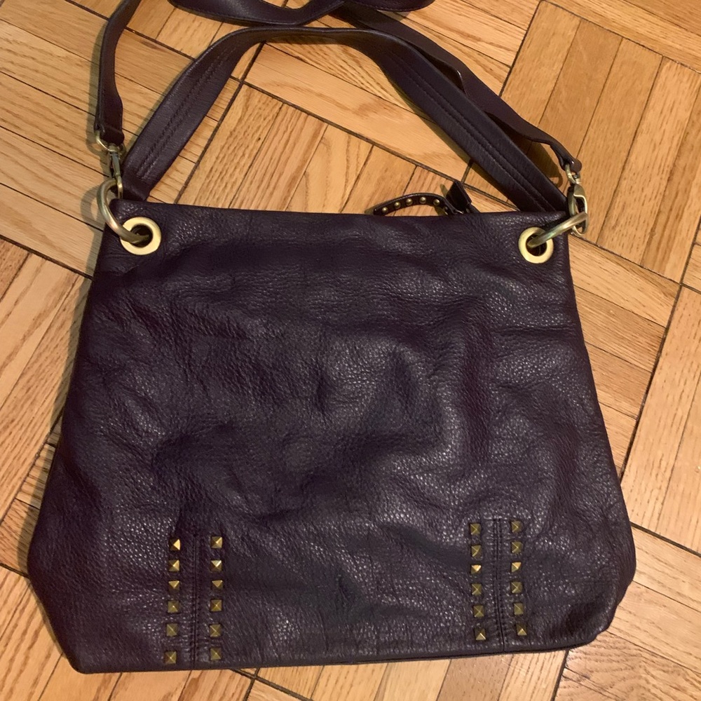 EUC NWOT Dark purple genuine leather bag with gold hardware and removable strap